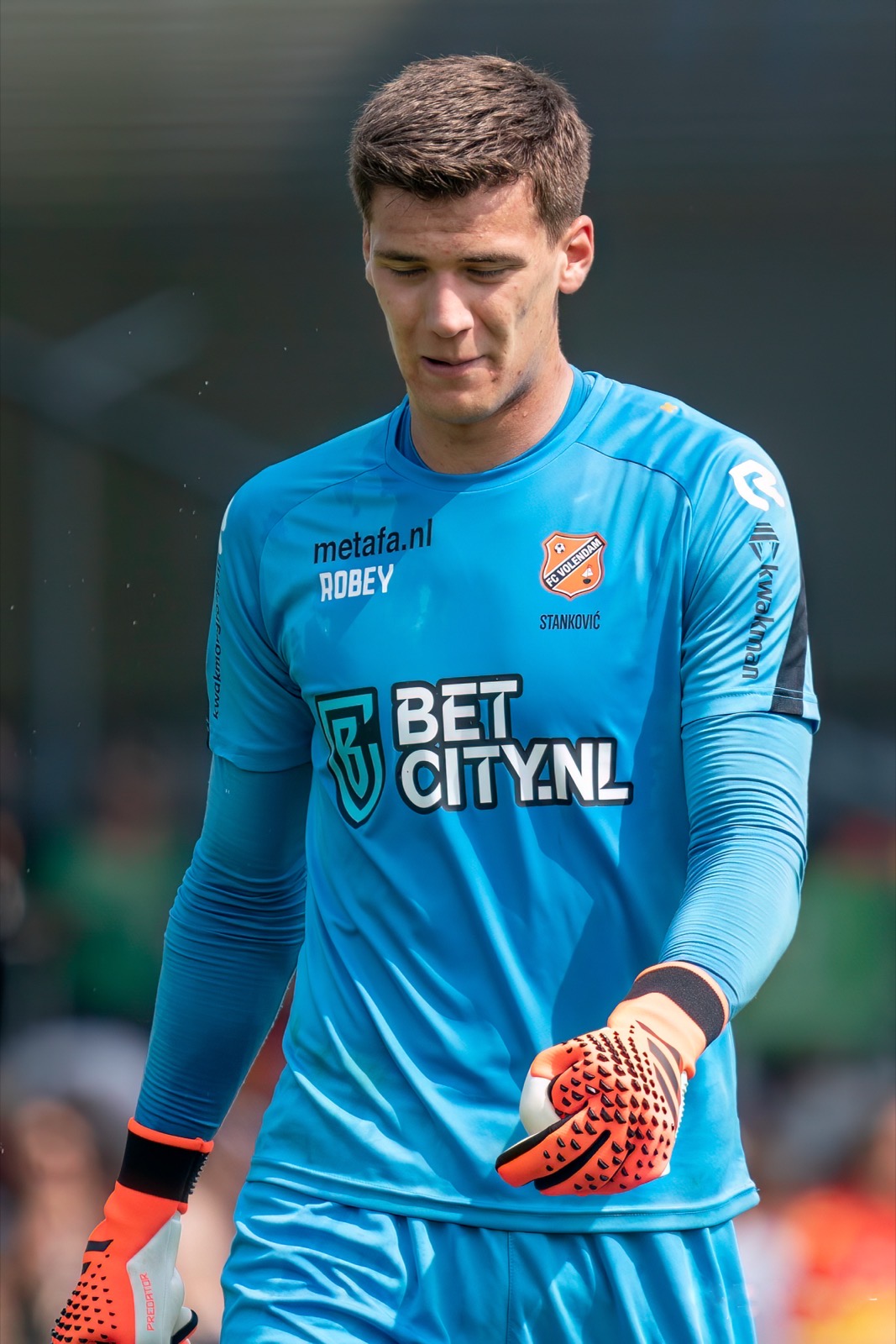 Filip Stanković in the Volendam goalkeeper kit, his surname printed on the shirt, during Go Ahead Eagles against Volendam in May 2023